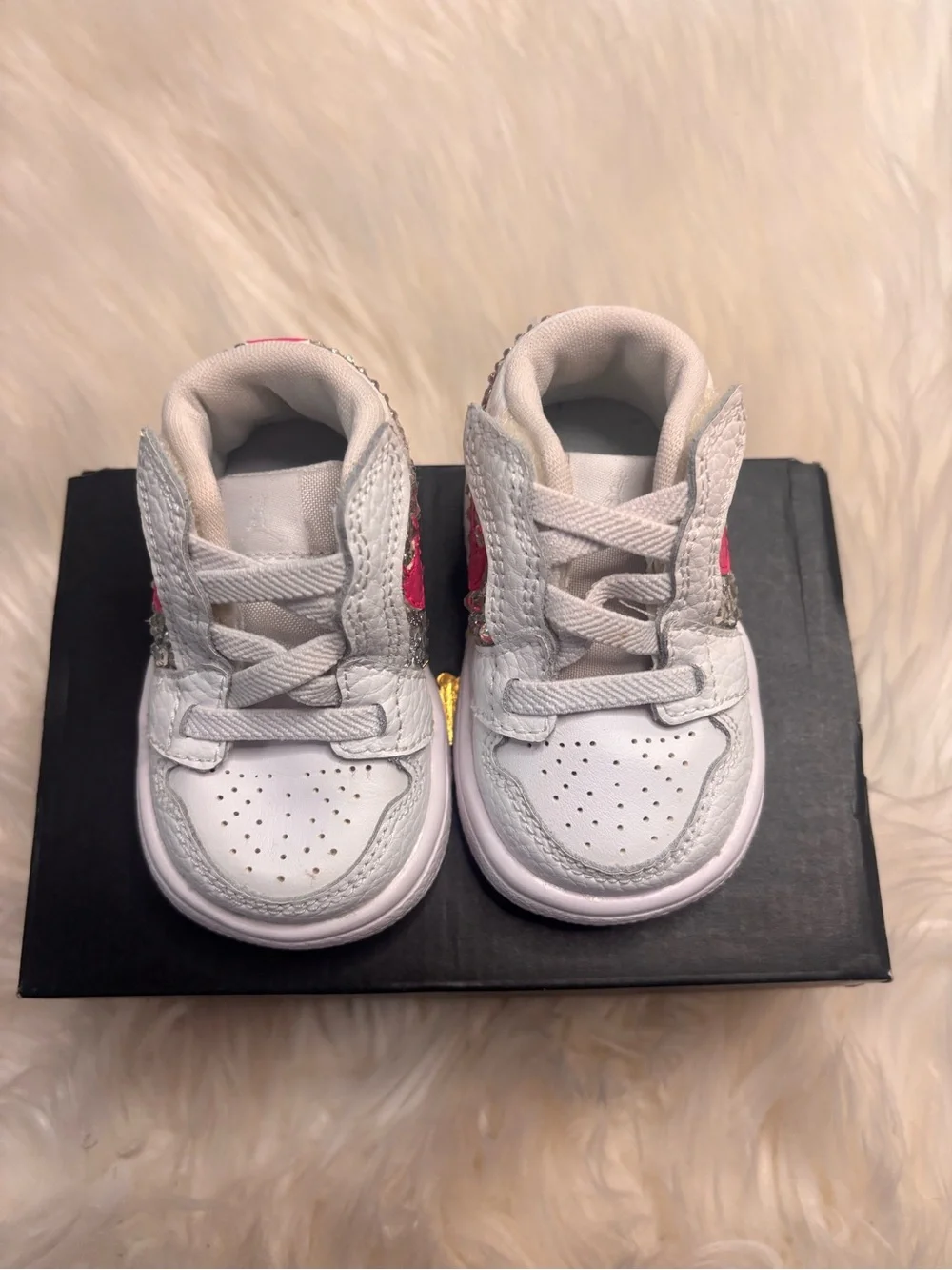 Jordan White Kids Sneakers with Pink Swoosh and Rhinestones